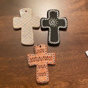 Handcrafted Clay Cross Ornaments - Black, Orange, Gray